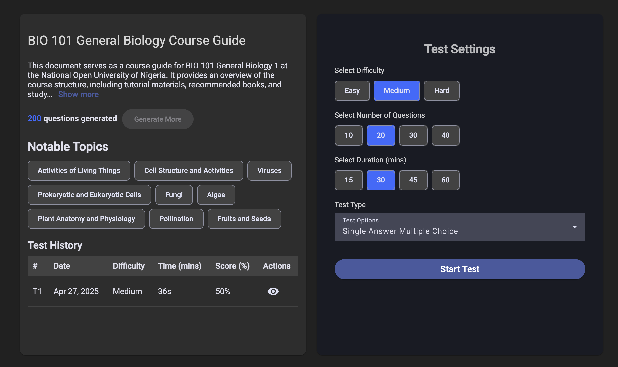 Practise tests UI