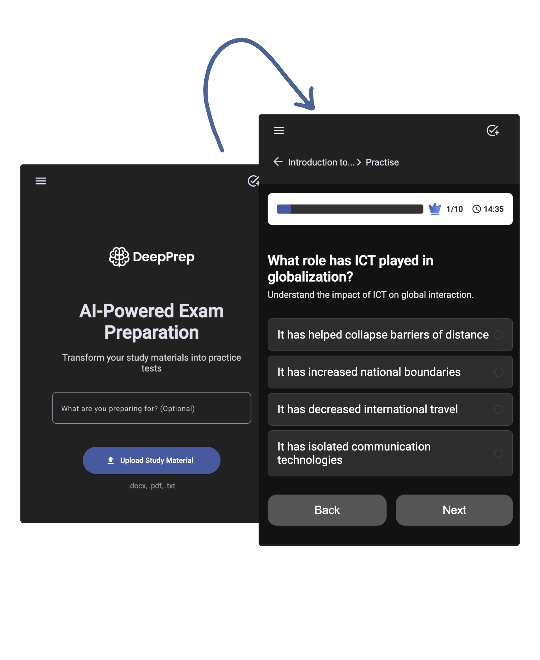 AI practice test generator – DeepPrep mobile UI